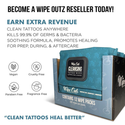 Wipe Outz Cleansing Tattoo Wipes, Tattoo Aftercare, Clean Tattoos, Tattoo Soap, Fragrance Free, No Sting, Soothing Tattoo Wipes,PMU, SMP, Supply Wipes, Wholesale